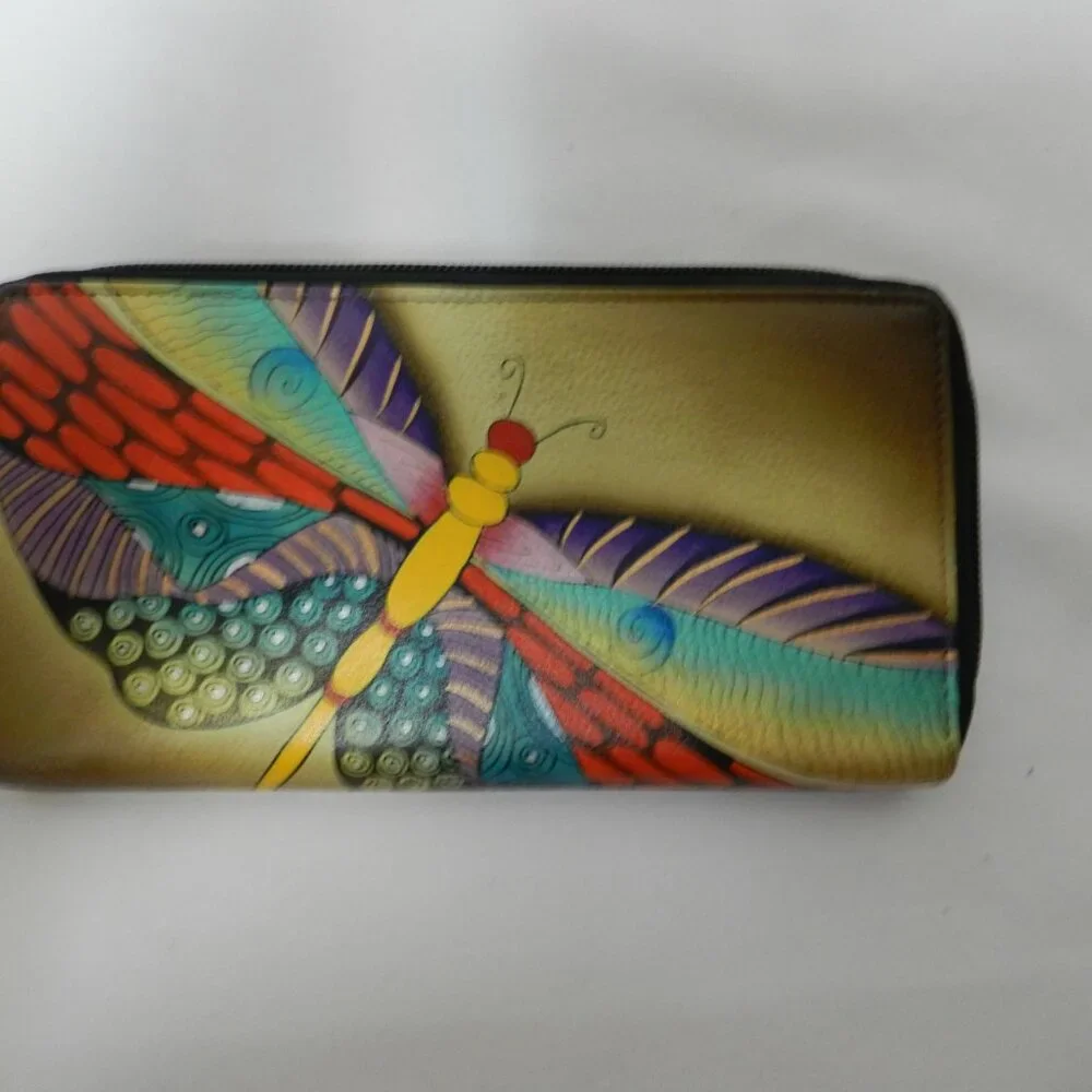 Anuschka Leather Butterfly clutch Zip around Hand painted wallet 8.5